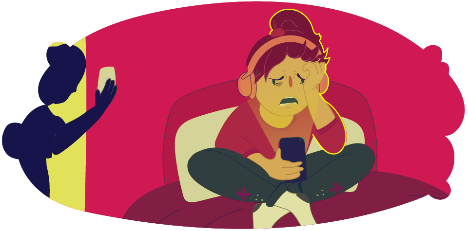 Illustration of a person late at night sitting on a bed holding a mobile phone. Another parent stands in a doorway turning off the light switch.