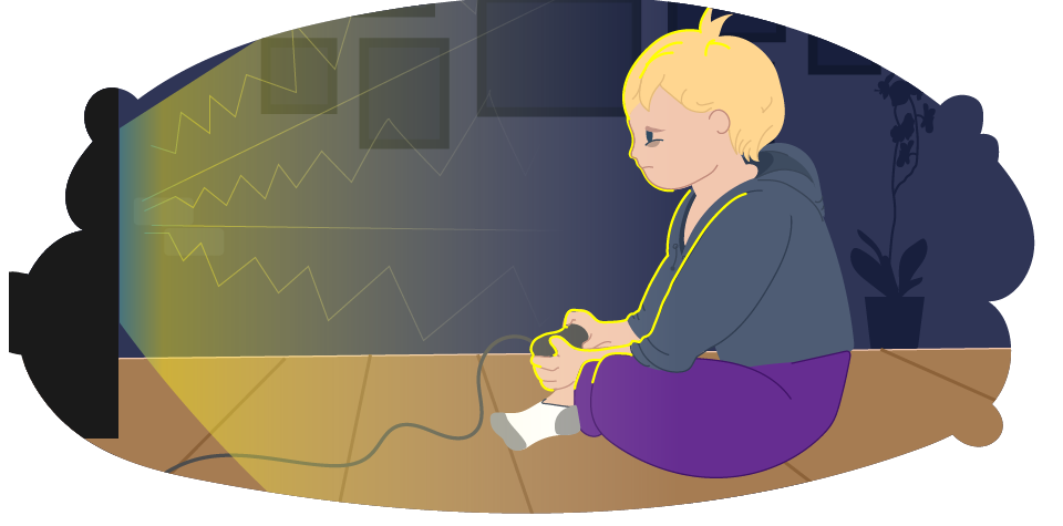 Illustration of a person sitting on the floor holding a game controller connected by a cord. Light from a television highlights the controller, with zig‑zag lines shown on the screen.