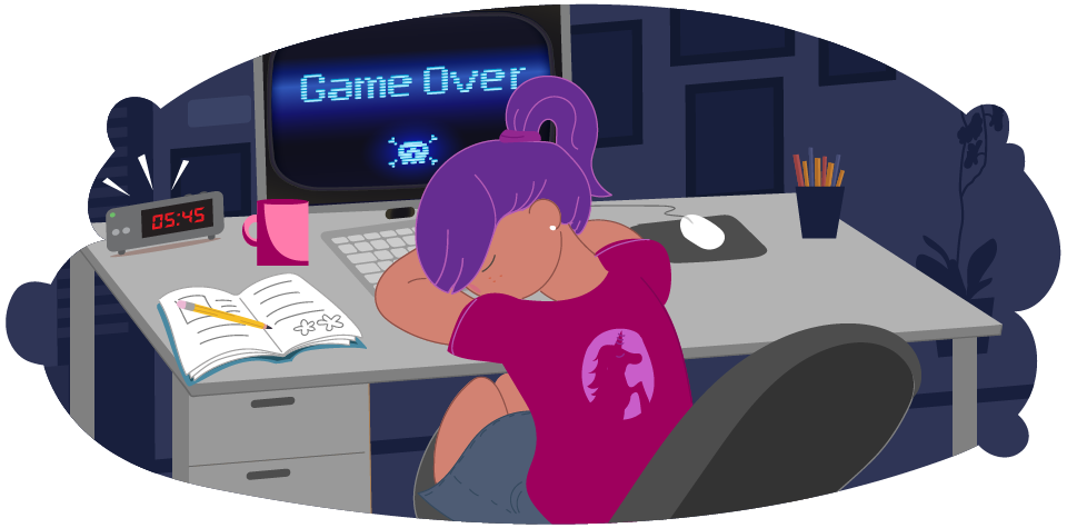Illustration of a person asleep at a desk with a computer screen showing the words “Game Over”. A digital clock on the desk reads “03:45”, and an open notebook lies beside the keyboard.