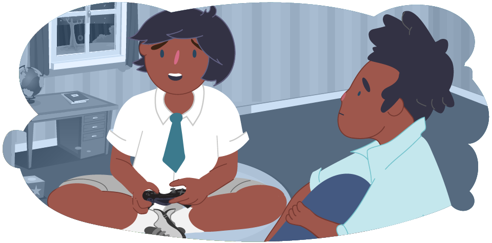 Illustration of two people sitting on the floor facing each other. One person holds a game controller while the other sits nearby listening. A desk and window appear in the background.