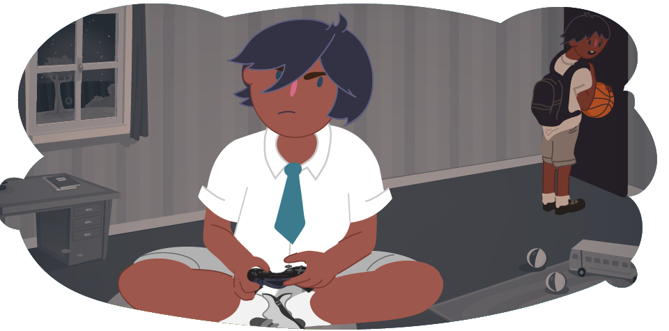 Illustration of a boy sitting cross‑legged on the floor holding a game controller. In the background, a friend stands near a doorway, ready to leave, holding a basketball. Toys lie on the floor nearby.