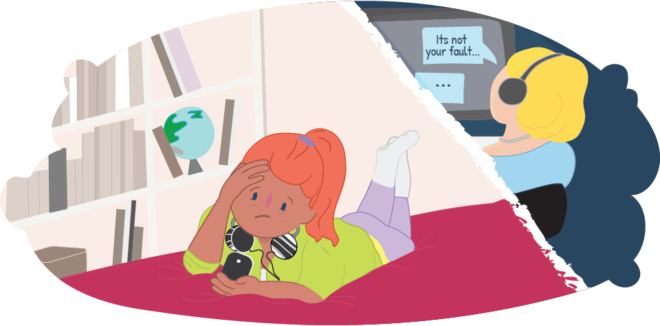 Split illustration showing a child lying on a bed holding a phone. On the other side, a helpline counsellor wearing a headset appears on a screen. A message bubble reads, “It’s not your fault…”.