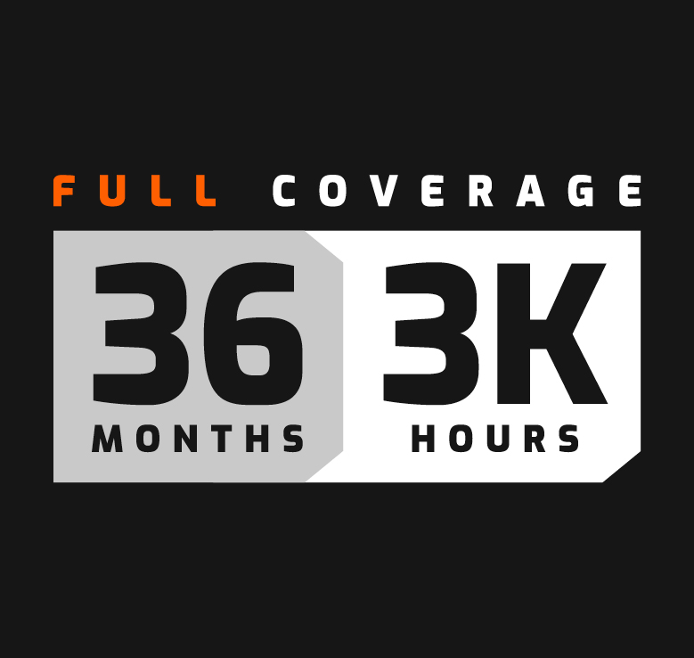 The DEVELON 36-month, 3,000-hour full-coverage warranty logo.