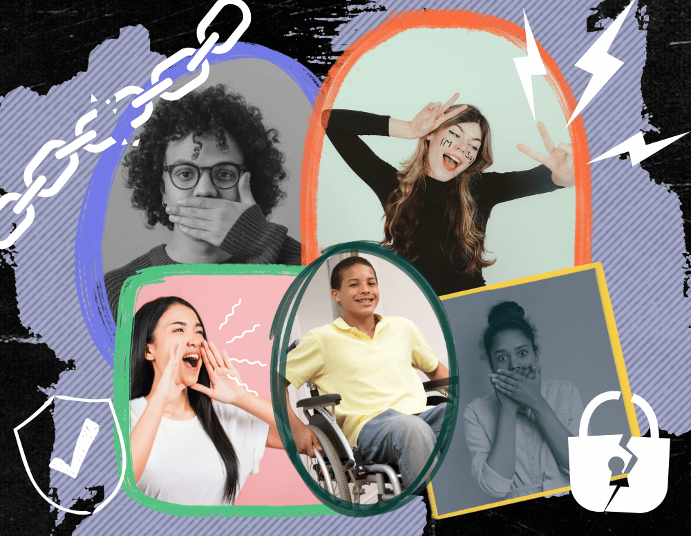 Teens in photo frames. Some are grey out with their mouths covered. Others are coloured and are dancing, smiling and speaking out.