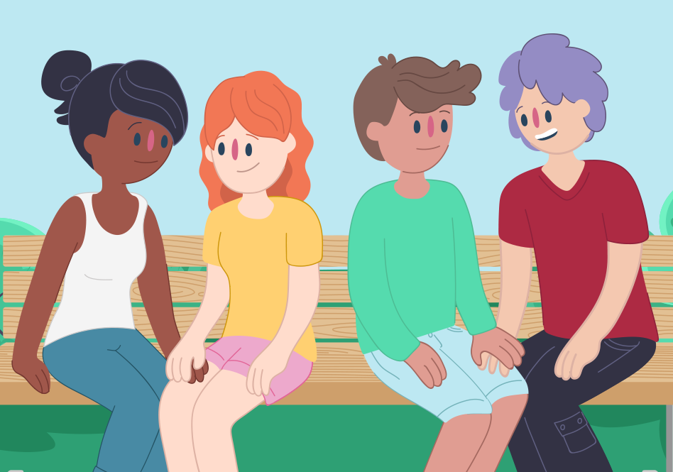 Young couples of different sexual identities sitting together.
