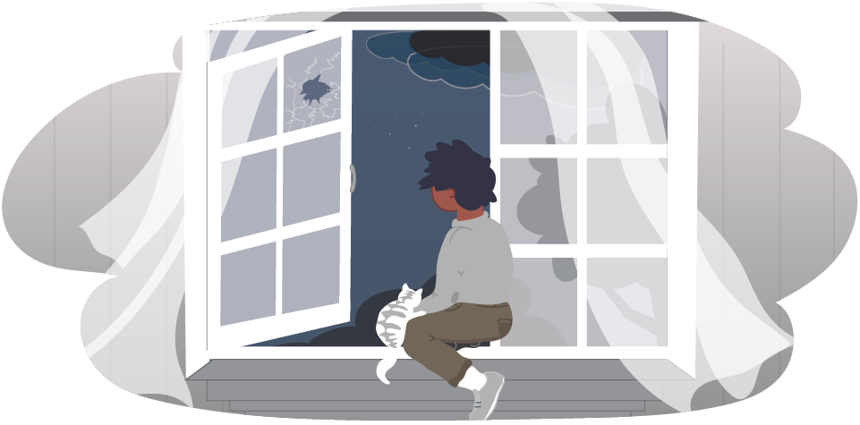 Illustration of a child sitting on a window ledge at night holding a cat. The window is smashed. An open window shows a dark sky with clouds. Curtains frame the window.