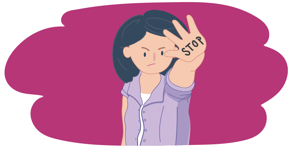Illustration of a person standing with one hand raised toward the viewer. The word “STOP” is written on the palm.