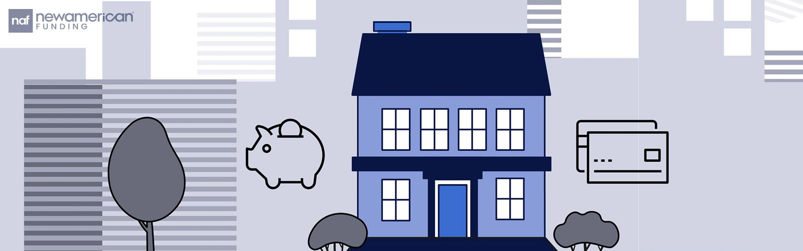 A graphic of a house with a piggy bank and credit cards on either side 