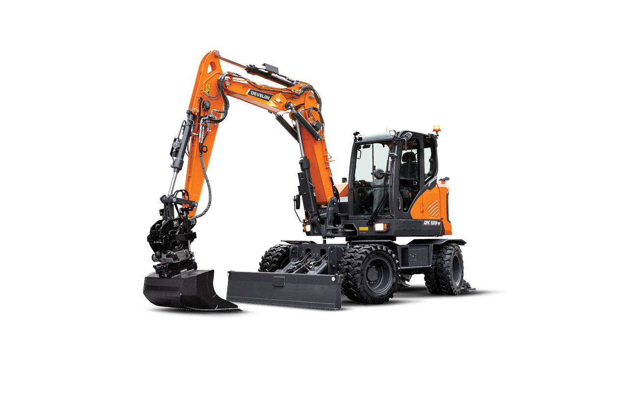 Cut out background of DEVELON DX100W-7 Mini (Compact) Wheeled Excavator.