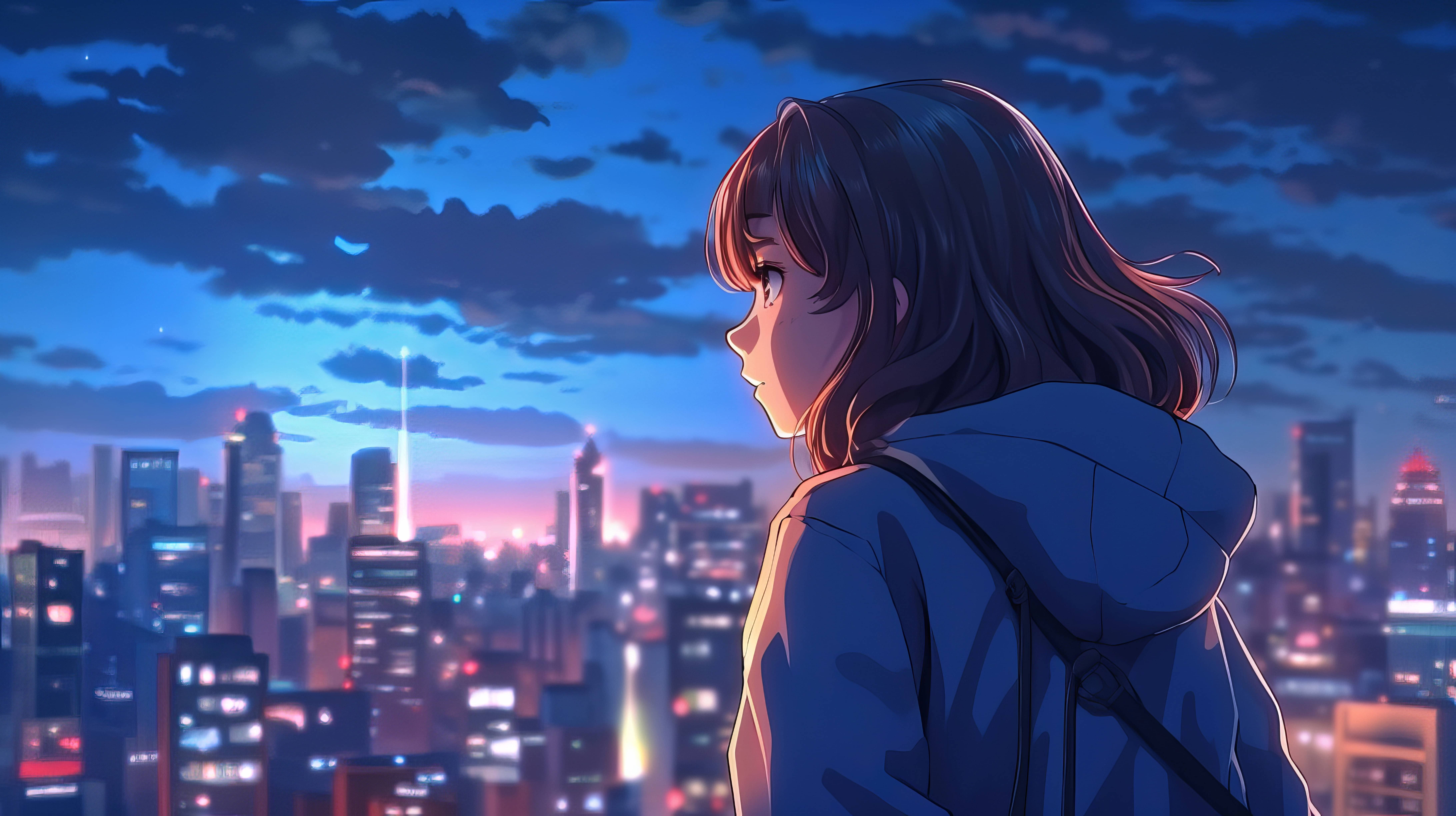 Girl gazing at the night view of Tokyo.