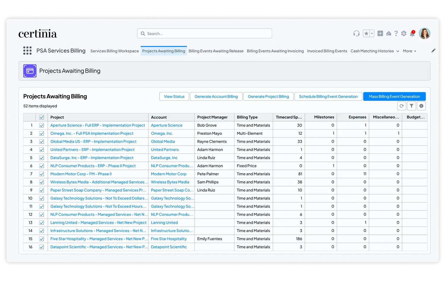 Dashboard view in Certinia PS Cloud Services Billing showing projects awaiting billing