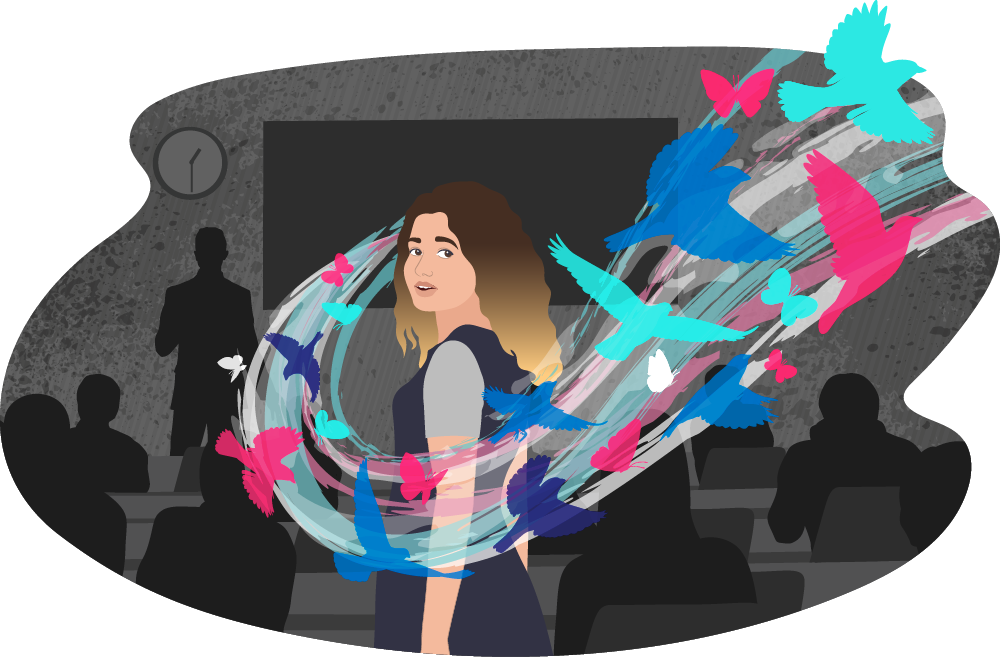 An illustration of a person standing in a classroom with other seated figures in the background, while colourful butterfly shapes swirl across the foreground.