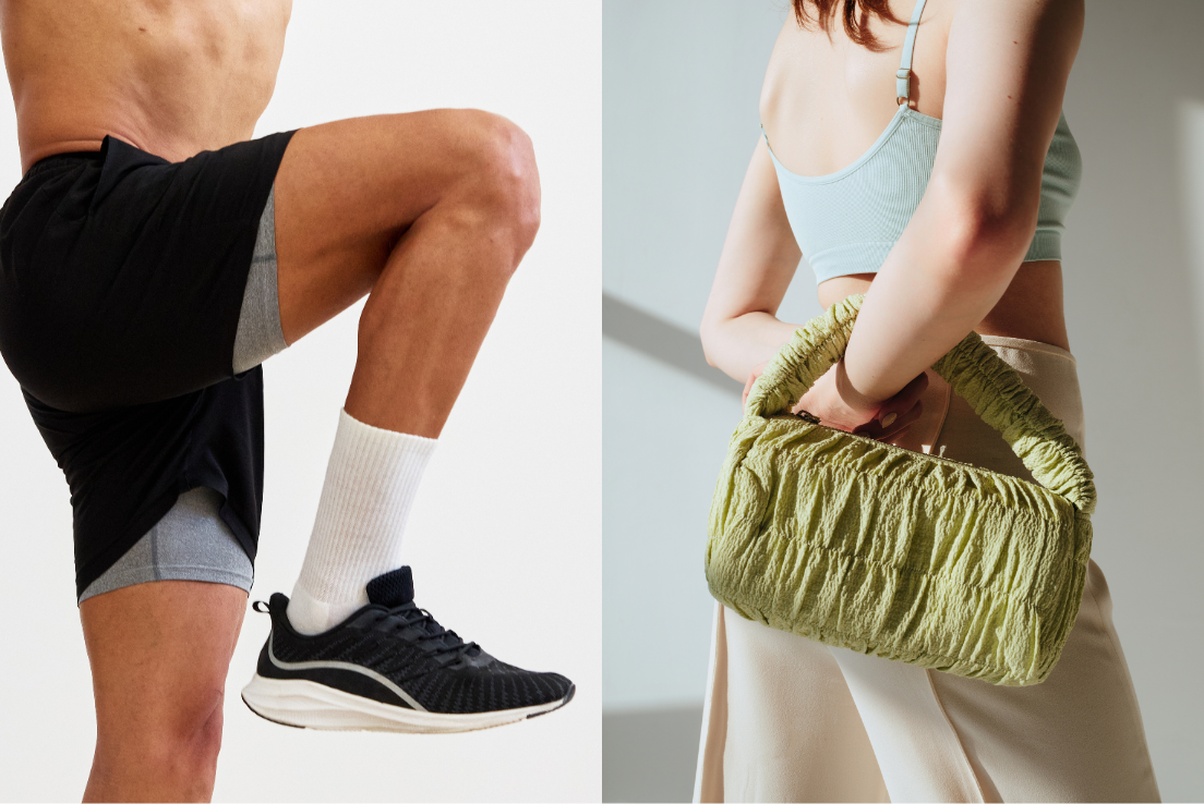 man wearing black running shoe, woman wearing light blue crop, beige pants and light green bag