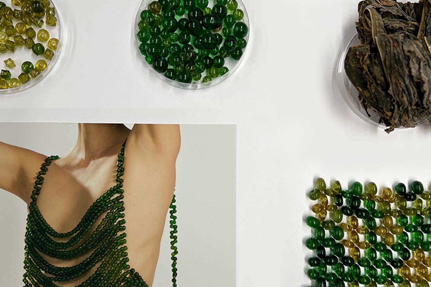 Top: Petri dishes hold green colored beads and the natural materials used to make them. Bottom: Beads are shown joined to form a textile swatch and a green dress.  
