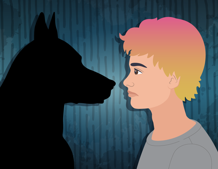 A teen staring at a black dog.