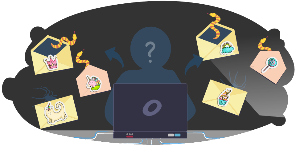 Illustration of a unknown stranger seated at a desk using a laptop. Several envelopes float around the screen, some showing icons like a crown, cupcake, and lollipop, with arrows pointing toward and away from the person.