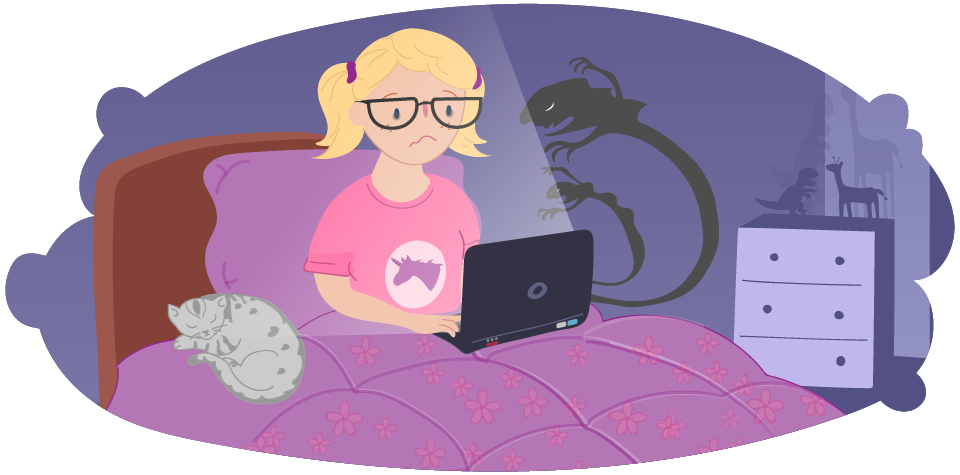 Illustration of a girl sitting on a bed using a laptop. A dark, shadow‑like shape appears behind the screen. A cat sleeps on the bed beside them, and a dresser is visible in the room.