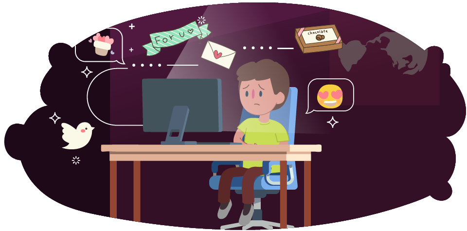 Illustration of a boy sitting at a desk using a computer. Message icons, hearts, gift symbols, and emoji appear floating around the screen against a dark background.