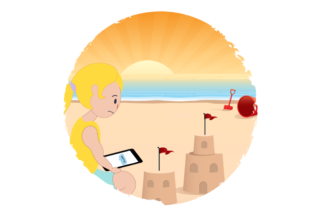 A girl sitting on a beach holding and looking at a device, with sandcastles nearby and the sun is setting. 