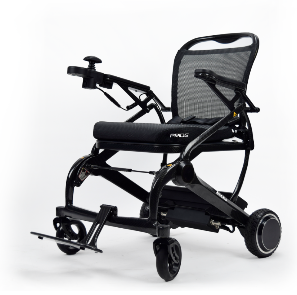 A sleek, black Pride Jazzy Swift electric wheelchair with a mesh backrest, padded seat, and joystick controller mounted on the armrest, designed for easy manoeuvrability.