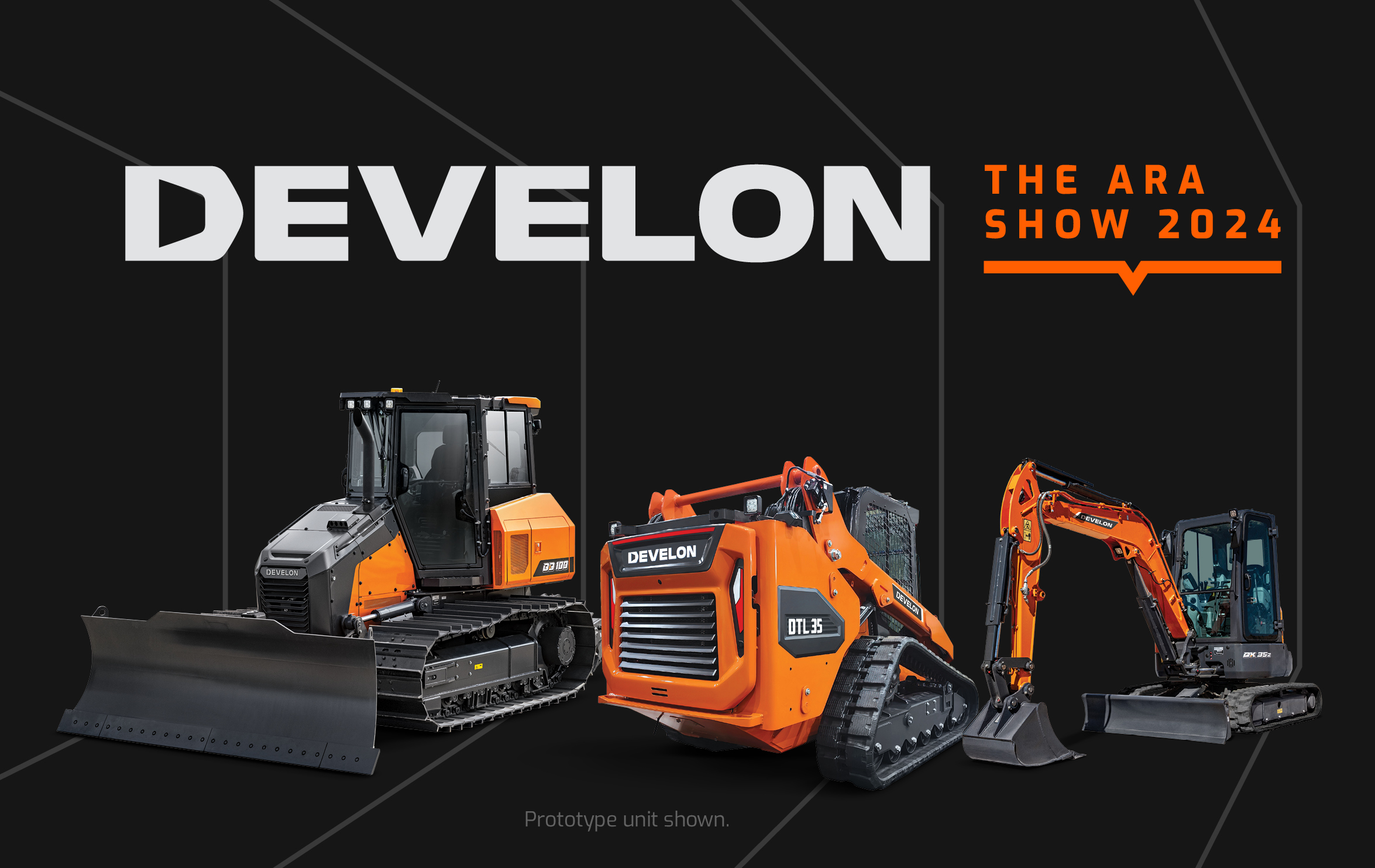 Lineup including the DD100 dozer, DTL35 compact track loader prototype and DX89R-7 mini excavator with the DEVELON logo and The ARA Show 2024 overlaid.