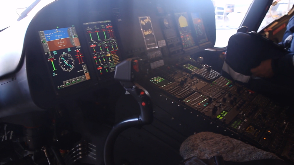Still from Vocus Case Study for CHC Helicopter. Shows the inside of a helicopter and its technical systems and display.
