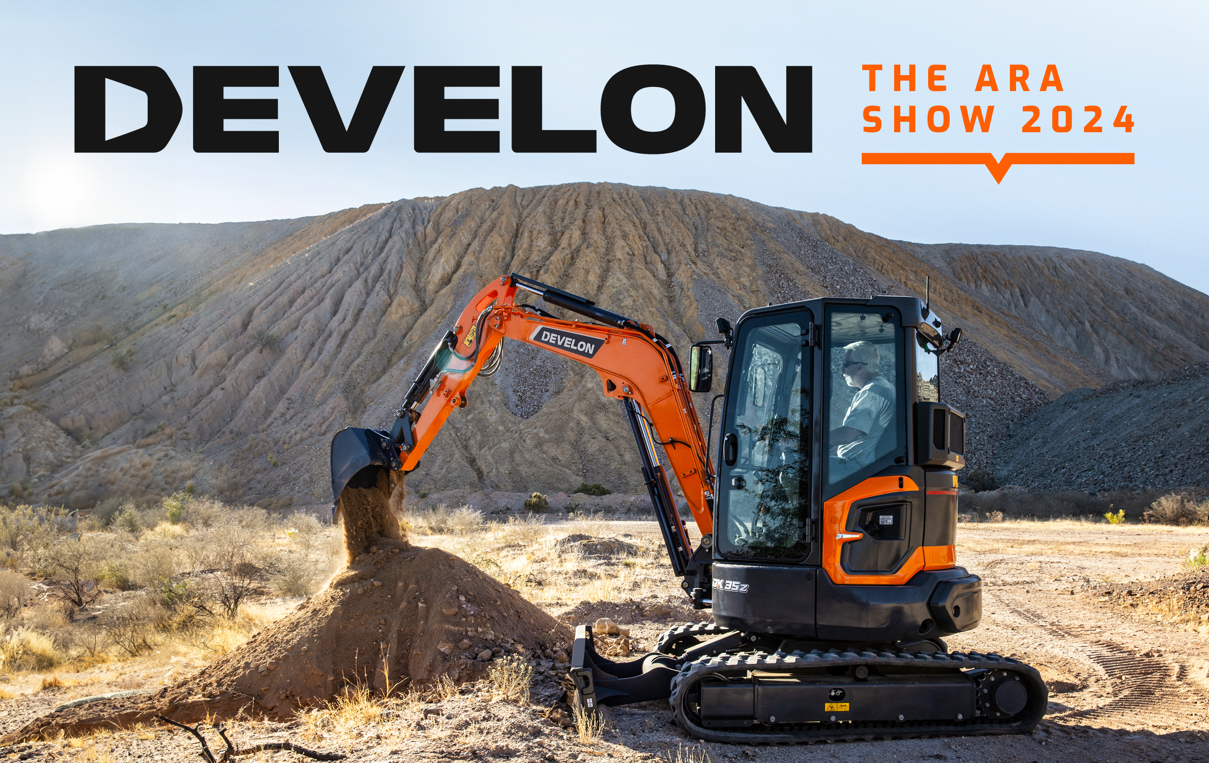 DEVELON logo with text that reads The ARA Show 2024 and the DX35Z-7 zero tail swing mini excavator digging on a job site.