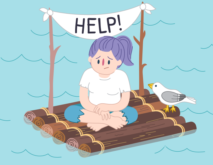 Girl stranded on a raft with a sign asking for help
