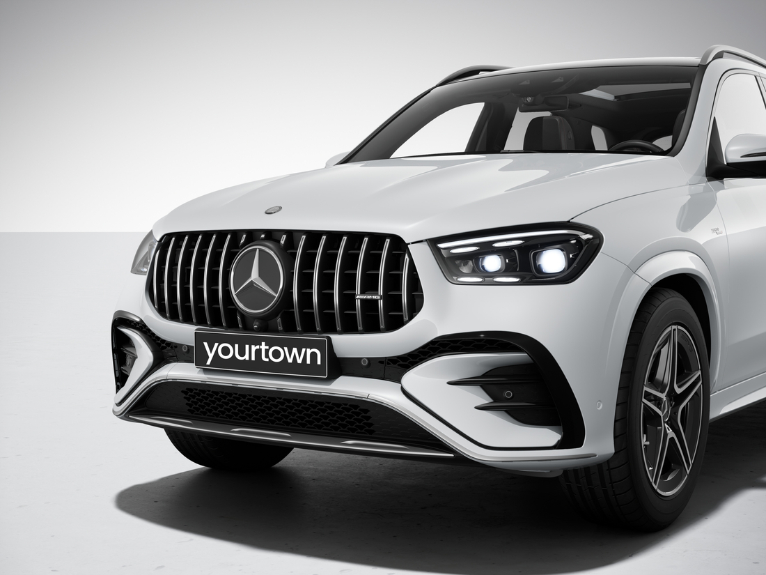 Front view of white Mercedes-AMG GLE 53.