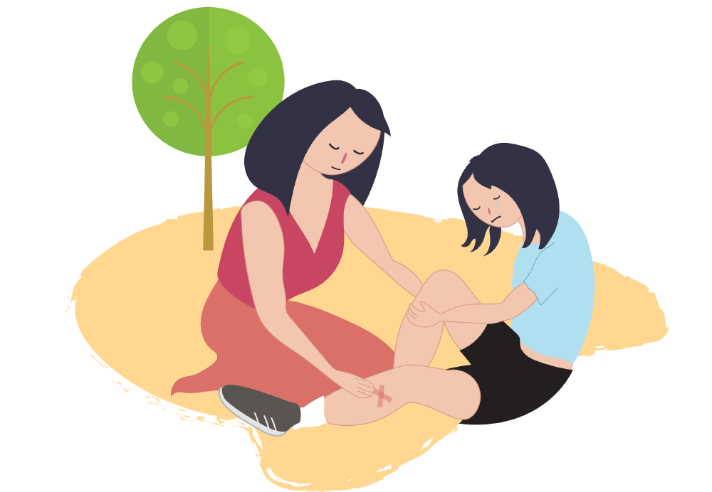 Illustration of two people sitting on the ground outdoors. One person holds another person’s leg, where a small bandage is visible on the knee. A tree appears in the background.