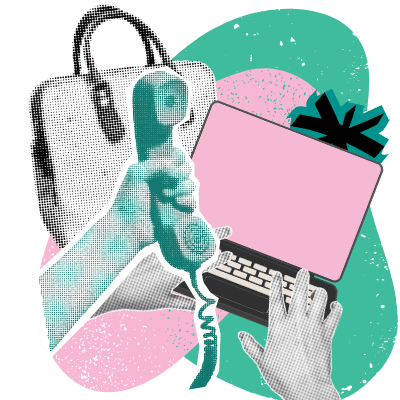 A collage featuring someone holding a landline phone and someone typing on a laptop. In the background is a work satchel.