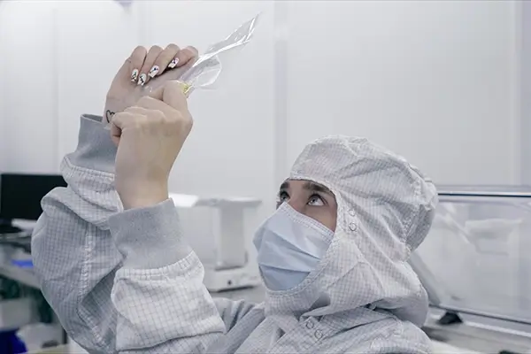 Worker in a semiconductor clean room inspecting equipment