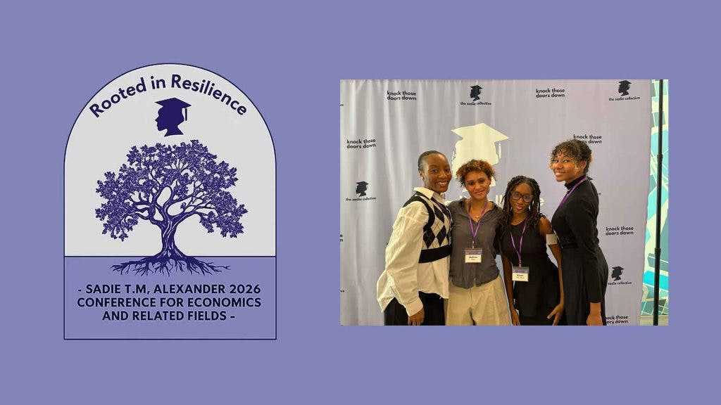 Two images: in one, four attendees stand in front of a step-and-repeat for the Sadie Alexander Conference; the other is a log for the conference featuring a profile of a student in graduation cap over a tree with roots in the ground.