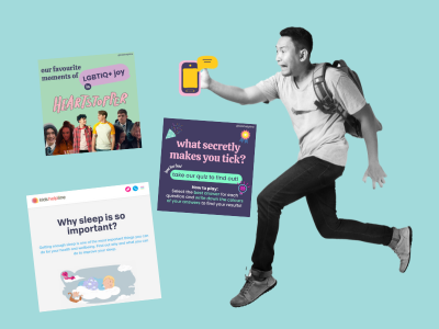 A teenage boy holding up his phone. Emerging from it are a collection of self-help social media posts and website pages.