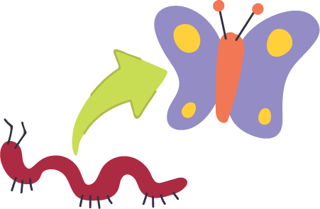 Caterpillar with an arrow pointing to a butterfly 