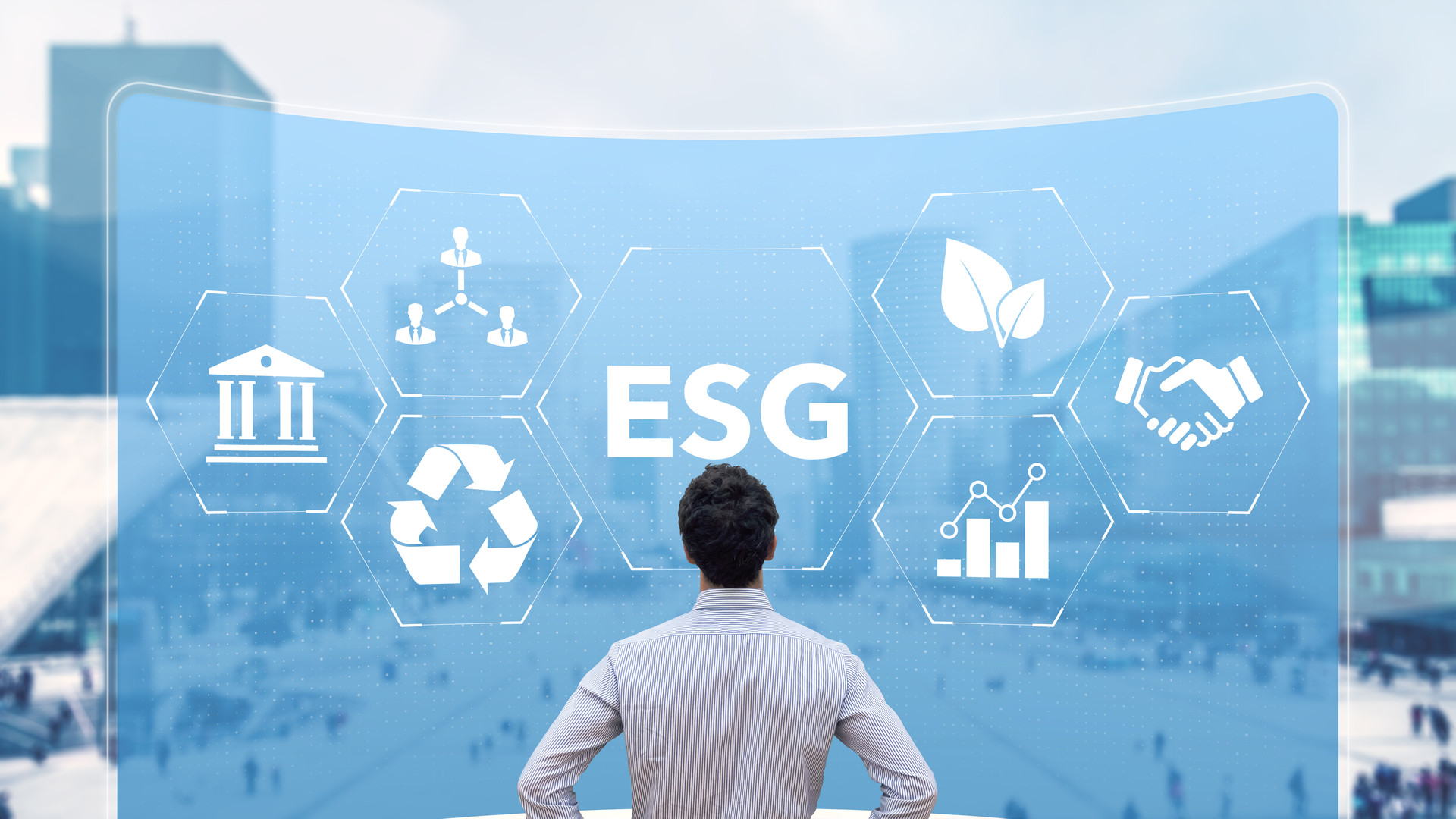 ESG Environmental Social Governance sustainable development and investment evaluation. Green ethical business preserving resources, reducing CO2, caring for employees. Consultant in management.