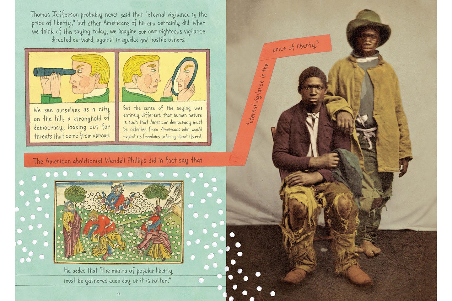 An illustration depicting a lesson on anti-tyranny alongside a vintage photograph of two young Black men.