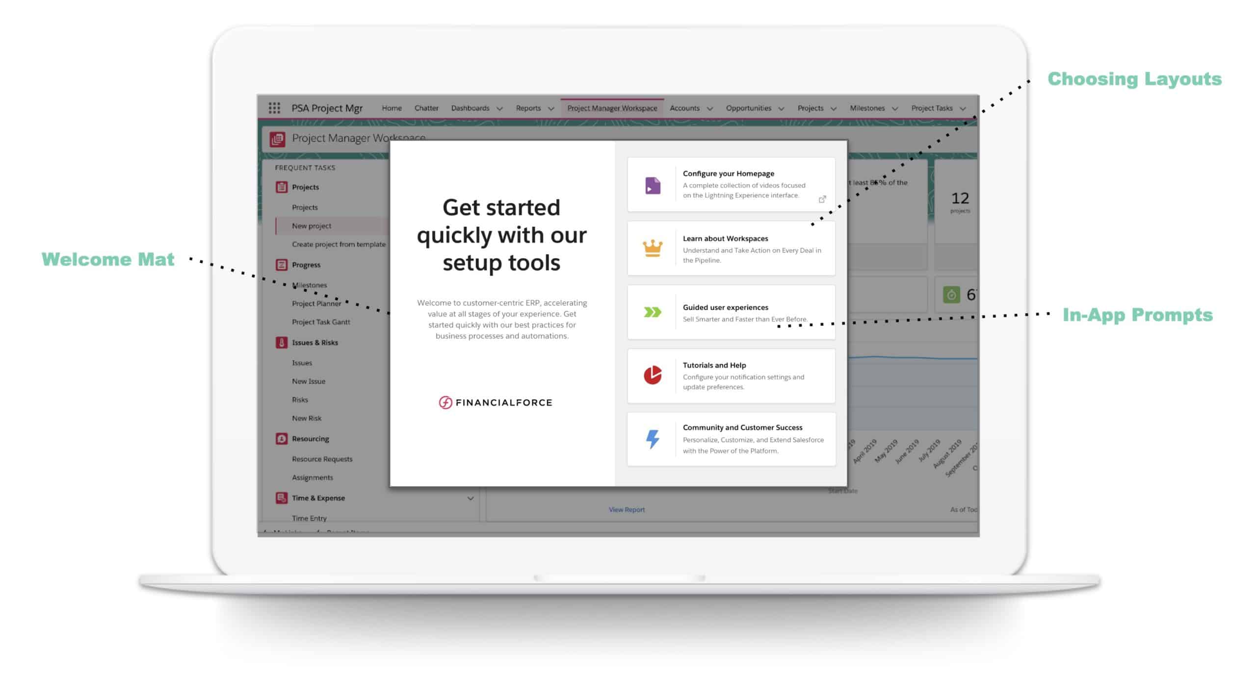 Certinia onboarding screen showing welcome mat with setup tools, layouts, and in-app prompts for new users