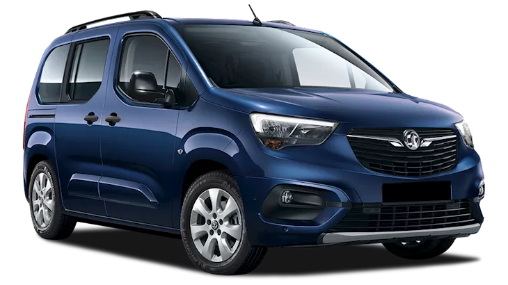 Front-side view of a blue Vauxhall Combo Life MPV, featuring a compact yet practical design with high roofline and sliding rear door.