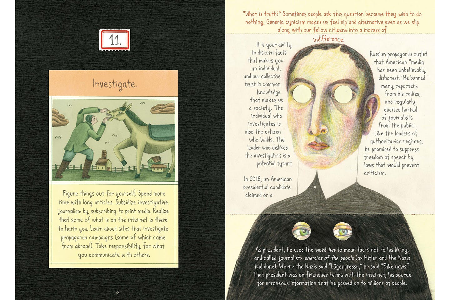 Two side-by-side illustrations depicting the use of misinformation throughout history, including a man opening a horse’s mouth and a man shown with his eyes removed and repositioned to his chest.