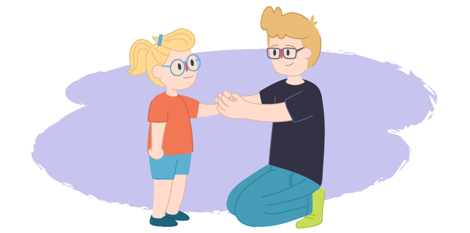 Illustration of two people facing each other. One person kneels and holds both hands of the other person against a light background.