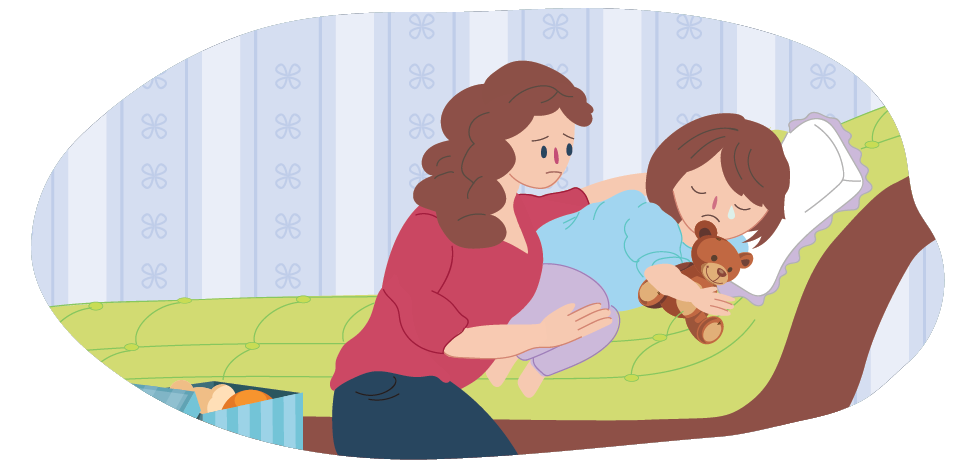 Illustration of a mother sitting beside a bed, placing a comforting hand on a child who is lying down holding a teddy bear. A bed, pillow, and bedside items are visible.