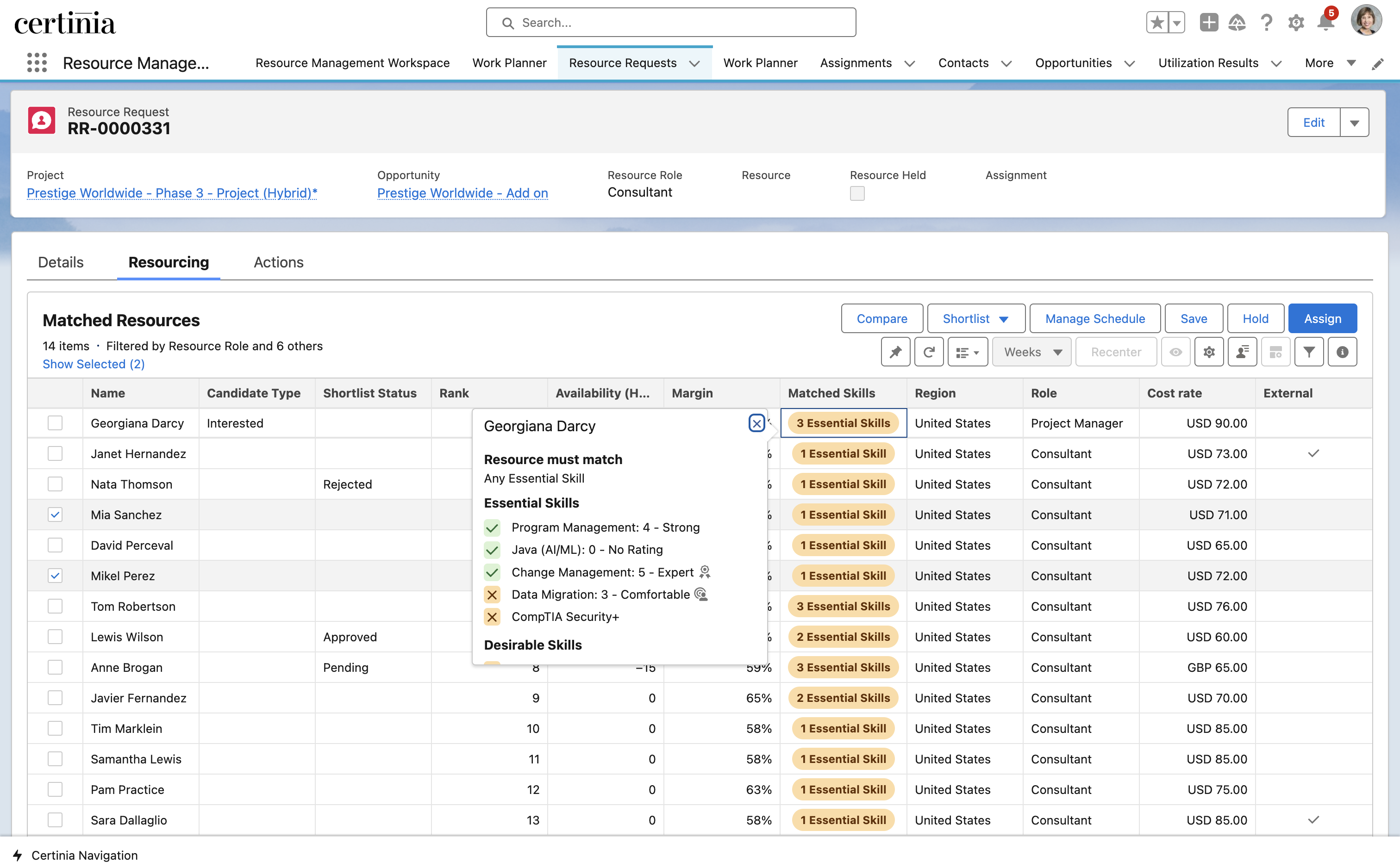 Certinia resource request dashboard showing consultants with matched skills, availability, and cost rates