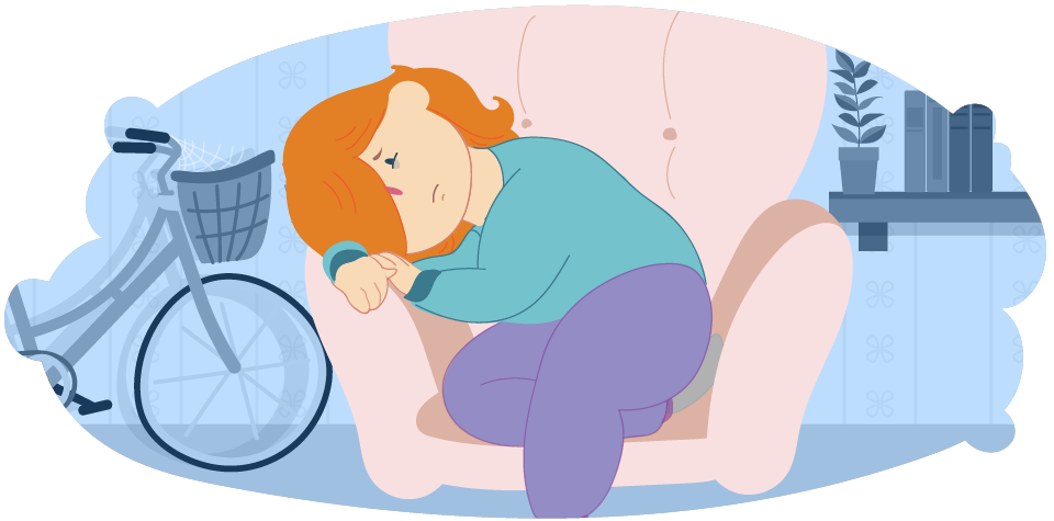 Illustration of a child curled up on an armchair indoors, with a bicycle visible nearby.
