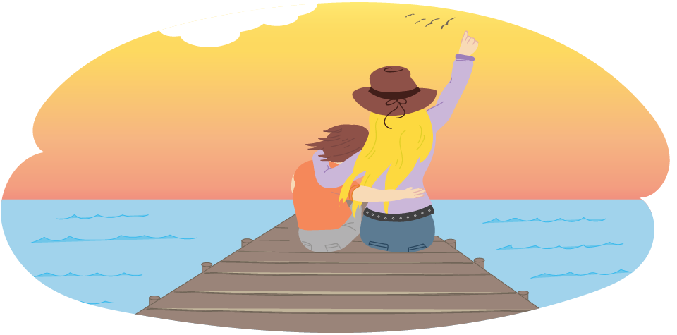 Illustration of two people sitting side by side on a wooden jetty, looking out over water at sunset.