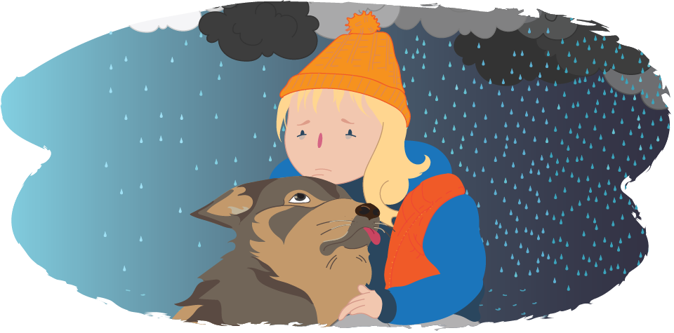 Illustration of a child wearing a beanie and jacket, holding a dog while standing in the rain under dark clouds.