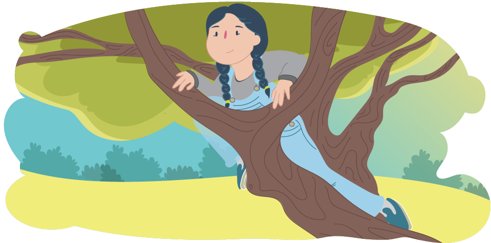 Illustration of a child climbing among the branches of a tree in a grassy outdoor area.
