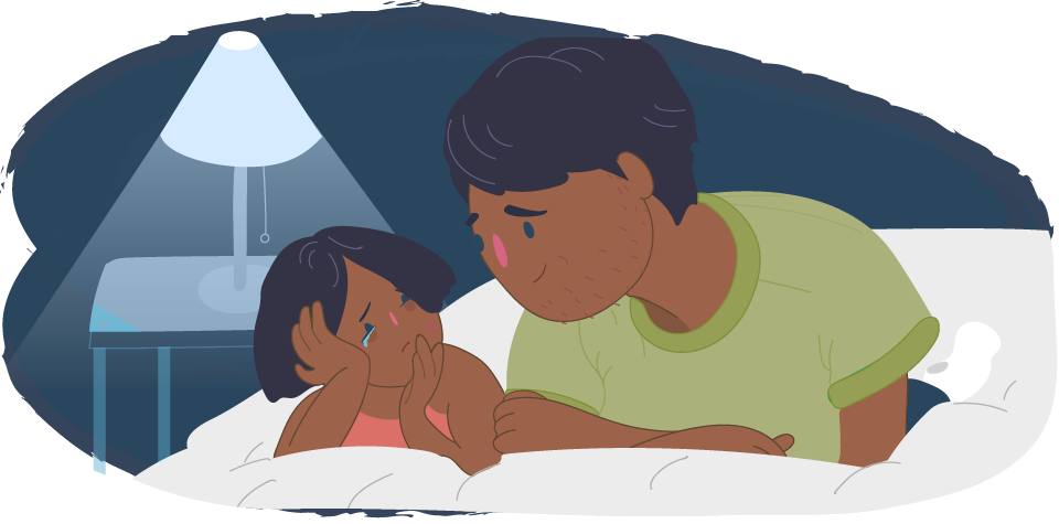 Illustration of a child lying in bed with a tear in their eye while an adult sits beside them, and a bedside lamp lit behind them.