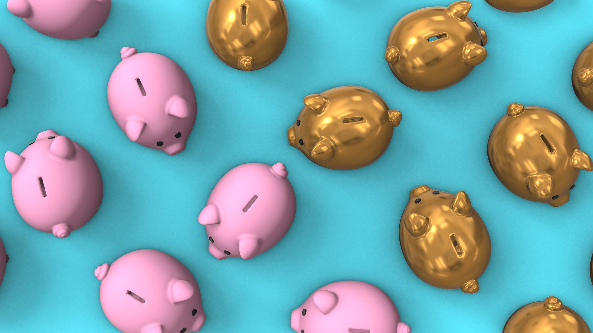 Pink and gold collection of piggy banks 3d render