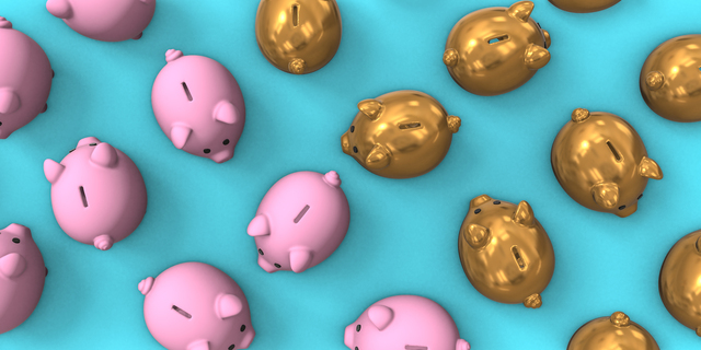 Pink and gold collection of piggy banks 3d render